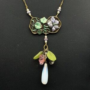 Vintage Pididdly Links Lavalier Brass Necklace Floral Enamel Glass Dangle Beads